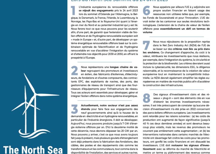 Déclaration de l'industrie du renouvelable offshore lors du North Sea Summit du 24 avril 2023