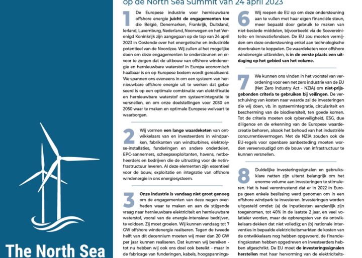 Verklaring van de industrie voor hernieuwbare offshore energie op de North Sea Summit van 24 april 2023